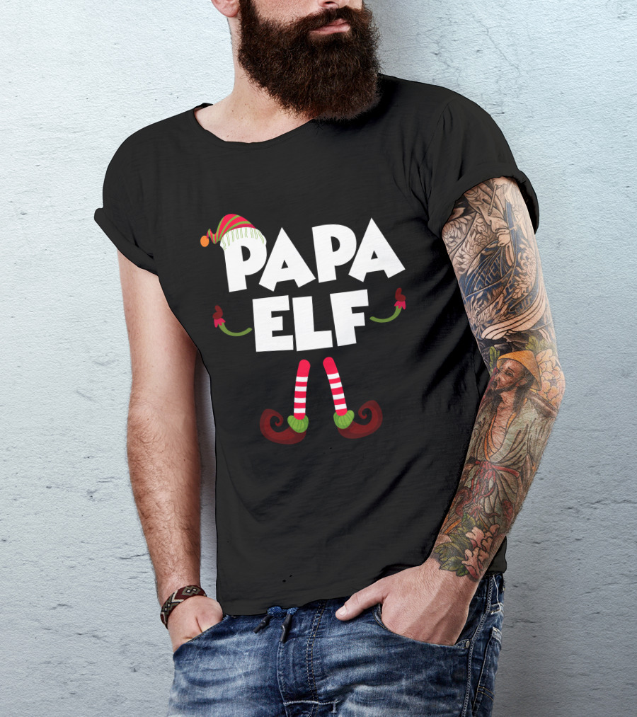Papa Elf Christmas Striped Stockings And Hat T-Shirt
