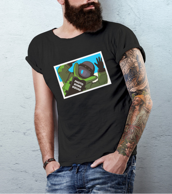 PHOTO BOMB SQUAD Space-Themed Bomb Suit Astronaut Playful Pose T-Shirt