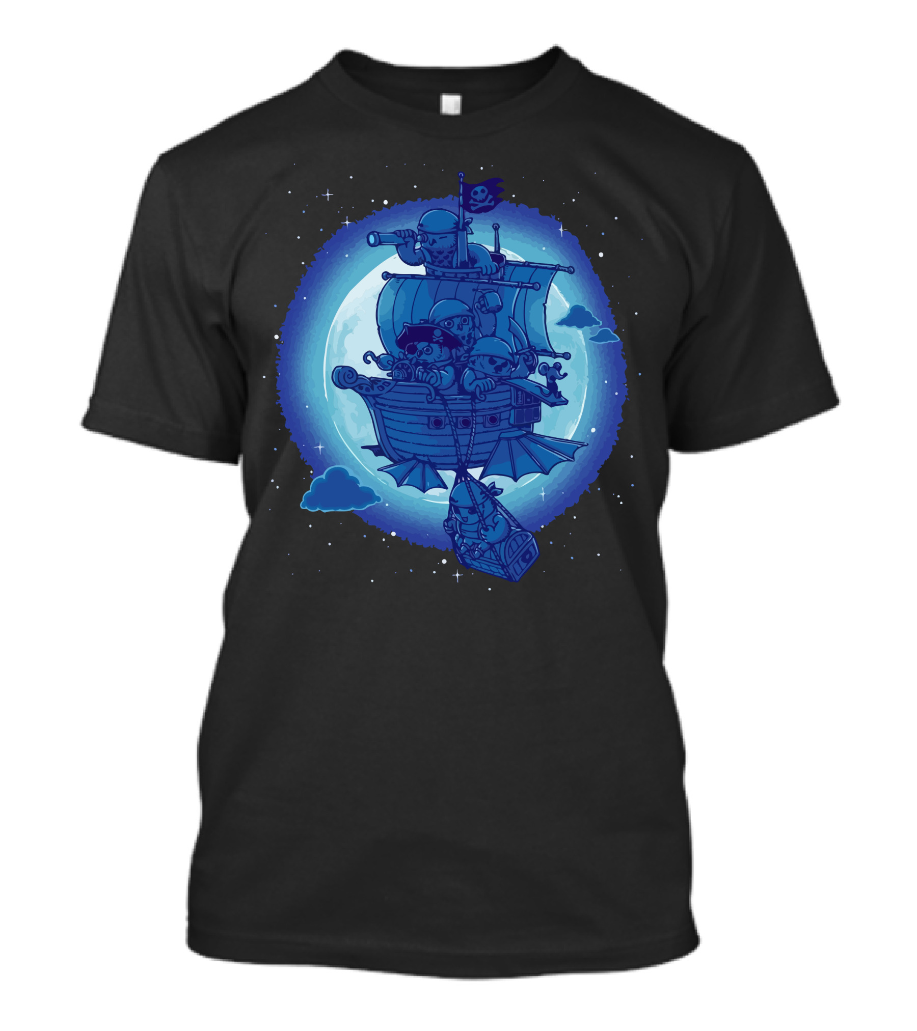 Pirate Owls Sailing Airship Under Full Moon With Telescope And Treasure T-Shirt