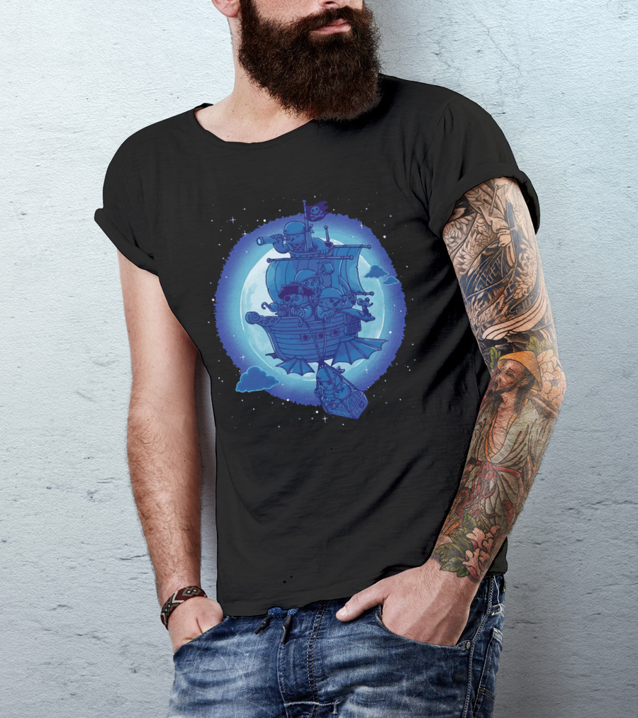 Pirate Owls Sailing Airship Under Full Moon With Telescope And Treasure T-Shirt