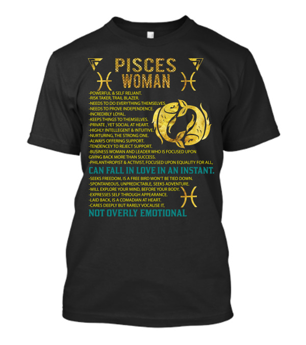 Pisces Woman Zodiac Traits Strong Independent Emotional Balanced Adventure Seeker Loyal Leadership T-Shirt