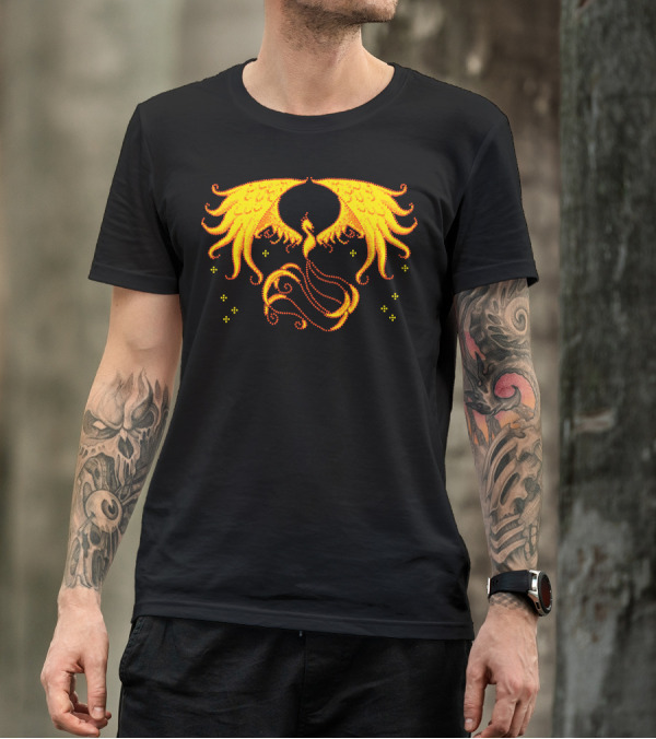 Pixel Phoenix Retro Firebird Symmetry Fantasy Tail Glowing Wings Spirals T-Shirt