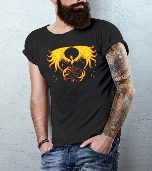 Pixel Phoenix Retro Firebird Symmetry Fantasy Tail Glowing Wings Spirals T-Shirt
