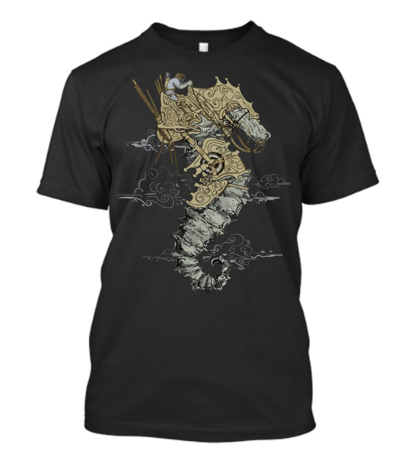 Sea Chariot - Ornate Seahorse With Warrior And Clouds T-Shirt