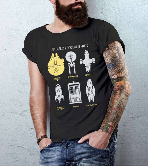 Select Your Ship Falcon Enterprise Serenity Planet Express TARDIS Battlestar T-Shirt