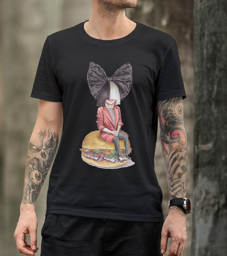 Sia Sitting On Giant Burger With Iconic Black And White Wig And Large Bow T-Shirt