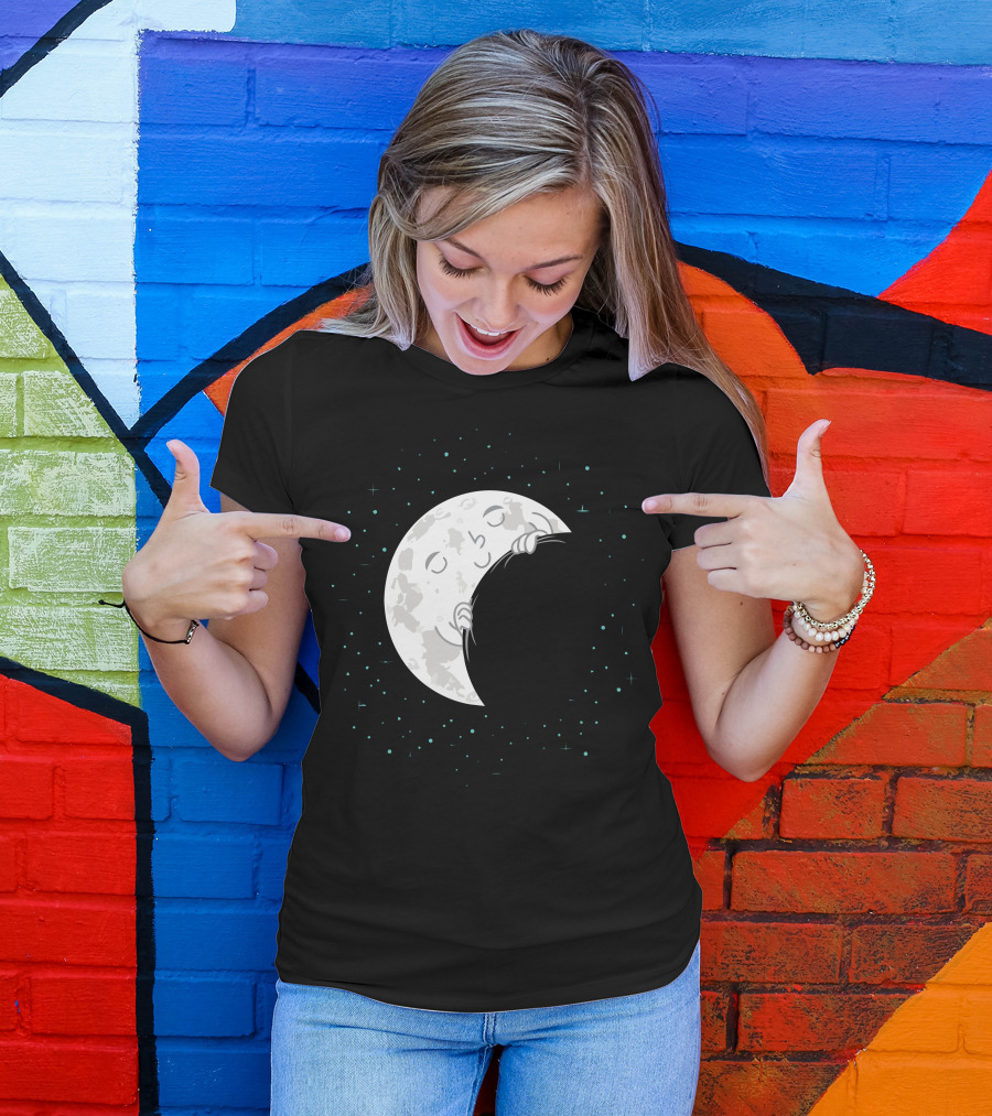 Sleepy Moon Embracing Nighttime Stars T-Shirt