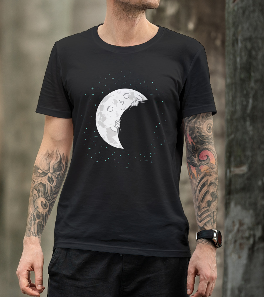 Sleepy Moon Embracing Nighttime Stars T-Shirt