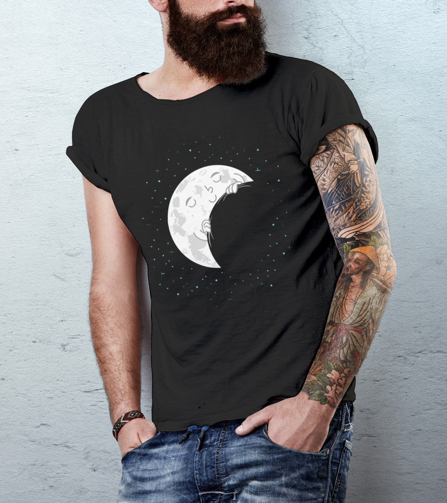 Sleepy Moon Embracing Nighttime Stars T-Shirt