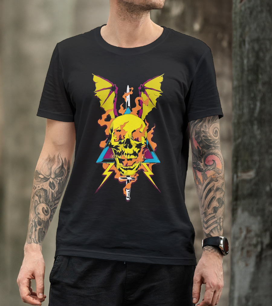 Sniffing Glue Flaming Skull With Wings And Lightning Bolt T-Shirt