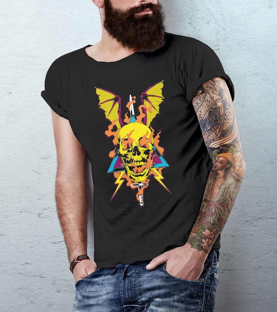 Sniffing Glue Flaming Skull With Wings And Lightning Bolt T-Shirt