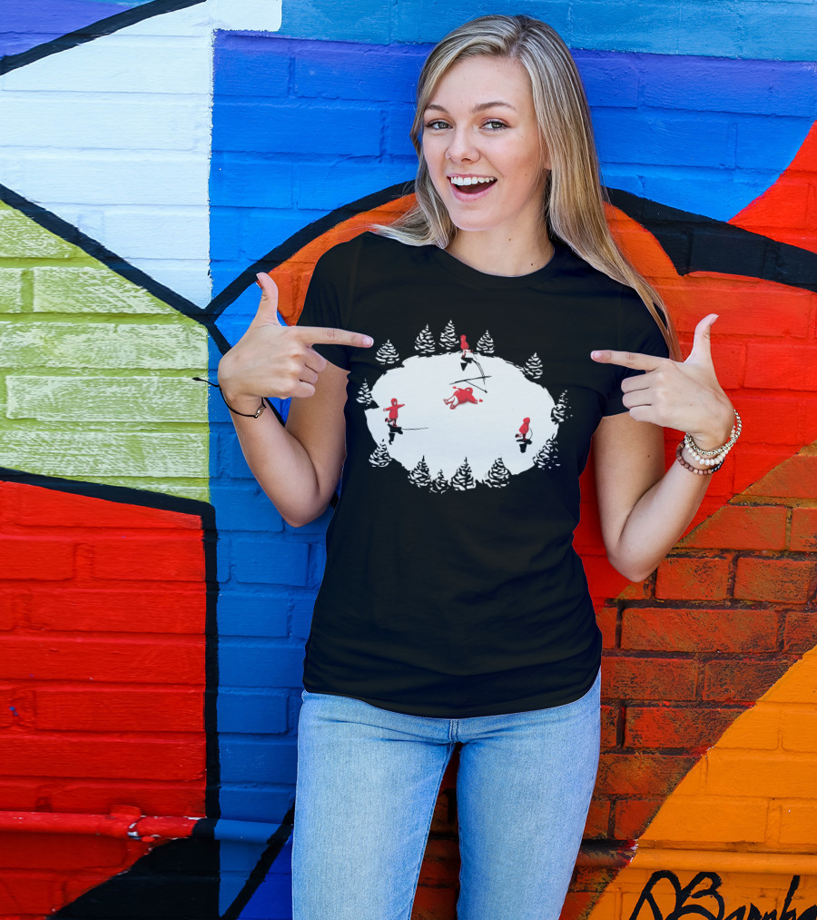 Snow Angel Particle Forest Scene With Red Figures T-Shirt