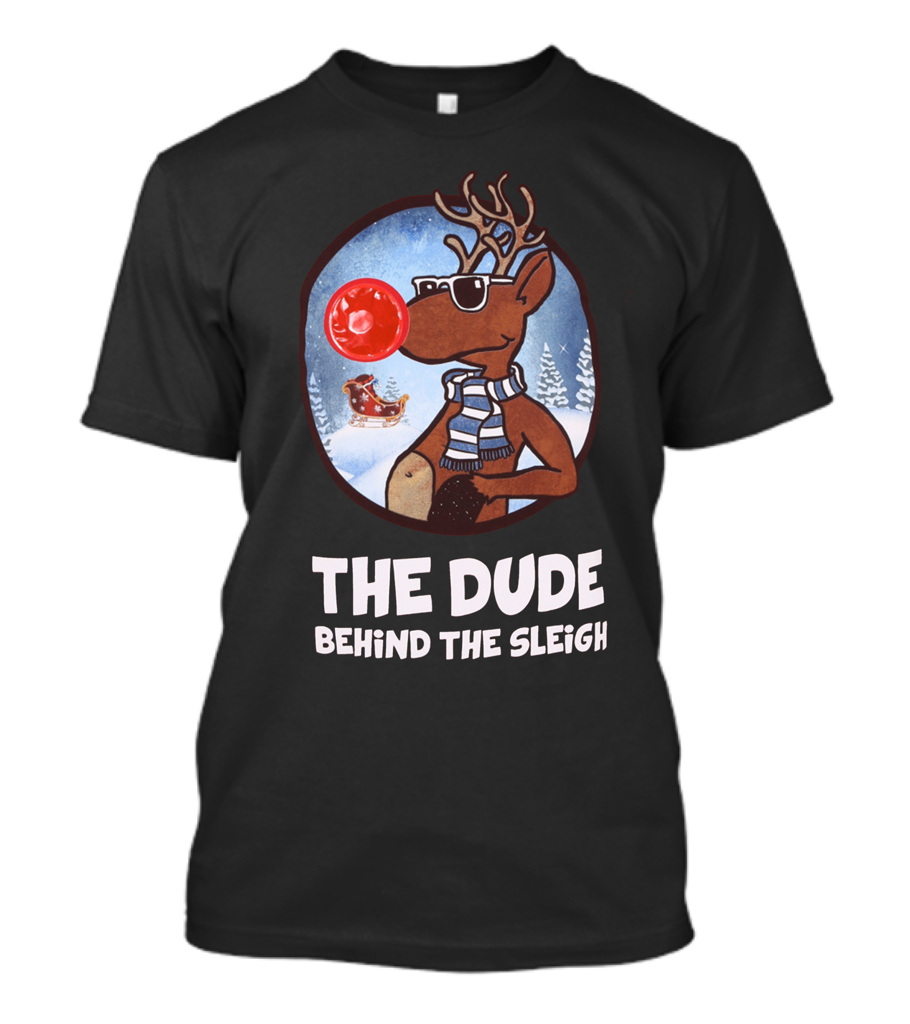 The Dude Behind The Sleigh Cool Reindeer With Sunglasses And Scarf With Red Nose And Holding A Drink T-Shirt