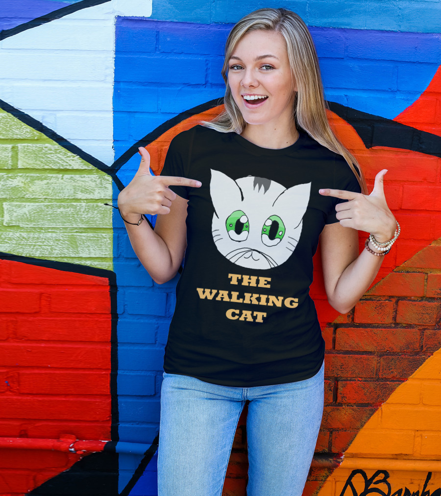 The Walking Cat Cute Cartoon Cat Face With Green Eyes T-Shirt