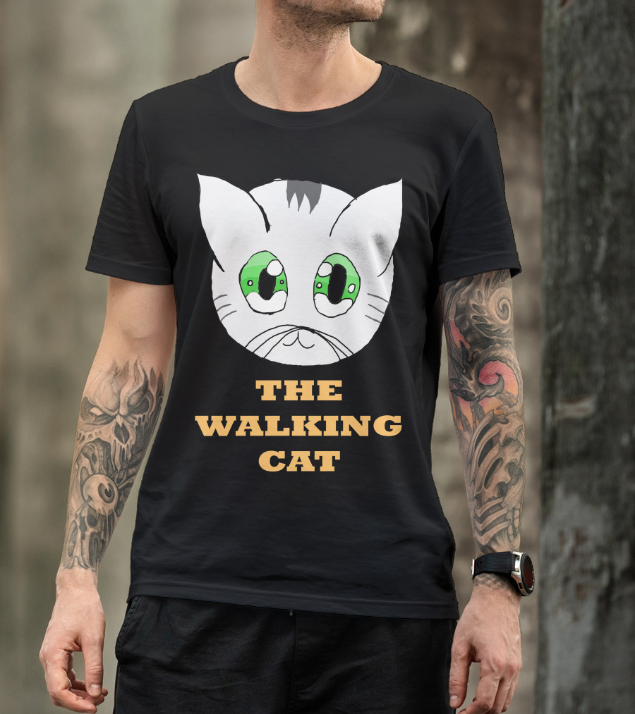 The Walking Cat Cute Cartoon Cat Face With Green Eyes T-Shirt