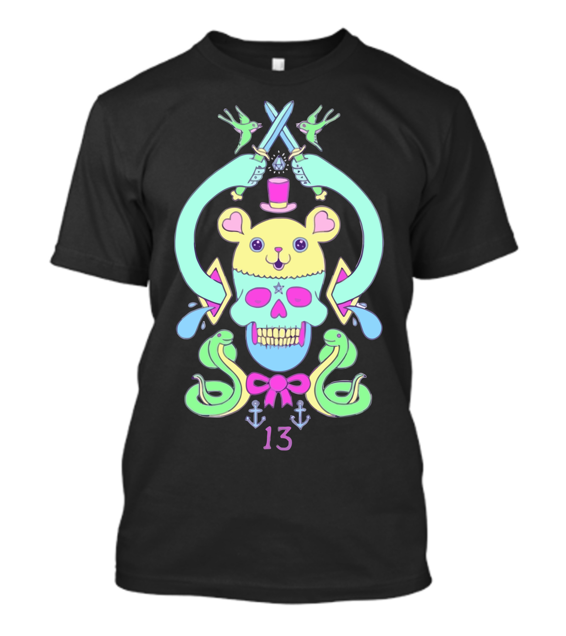 Triskaidekaphilia Skull And Crossed Swords With Snakes And Mouse Top Hat Symbols 13 T-Shirt