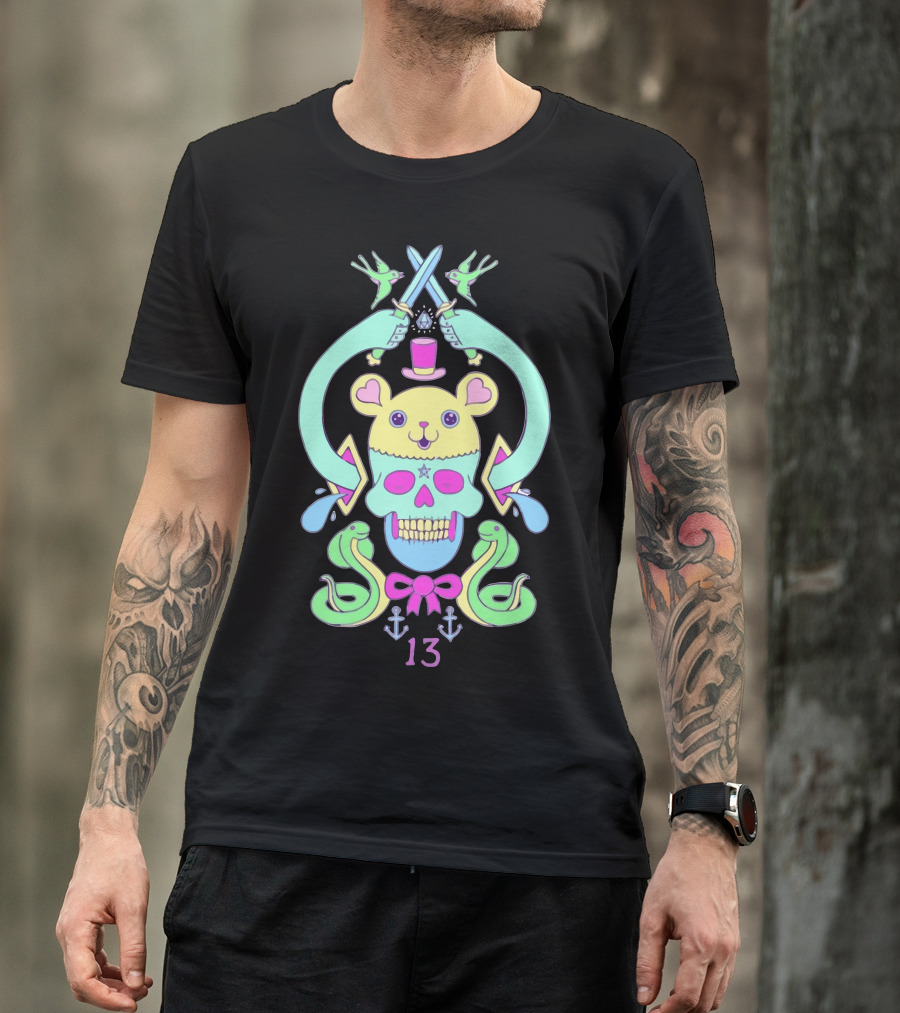Triskaidekaphilia Skull And Crossed Swords With Snakes And Mouse Top Hat Symbols 13 T-Shirt