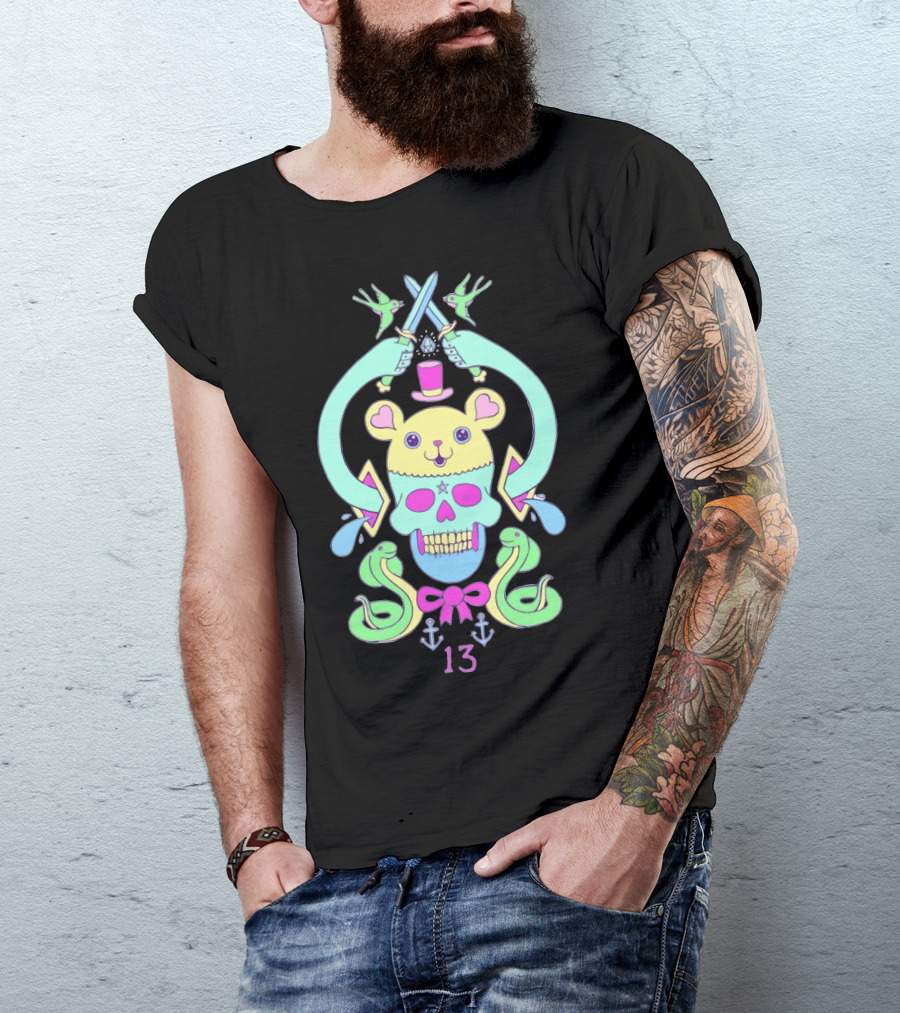 Triskaidekaphilia Skull And Crossed Swords With Snakes And Mouse Top Hat Symbols 13 T-Shirt