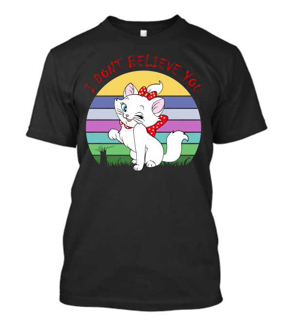 I Dont Believe You Cute White Cat With Red Bow Stripe Background T-Shirt