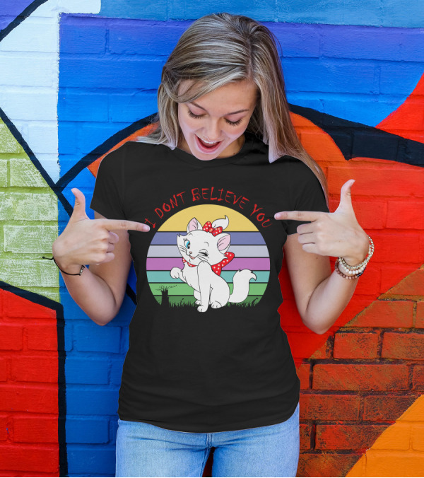 I Dont Believe You Cute White Cat With Red Bow Stripe Background T-Shirt