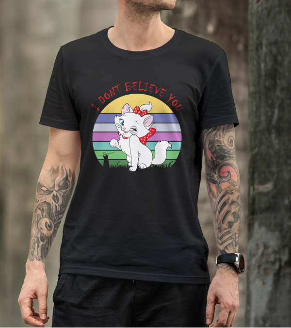 I Dont Believe You Cute White Cat With Red Bow Stripe Background T-Shirt