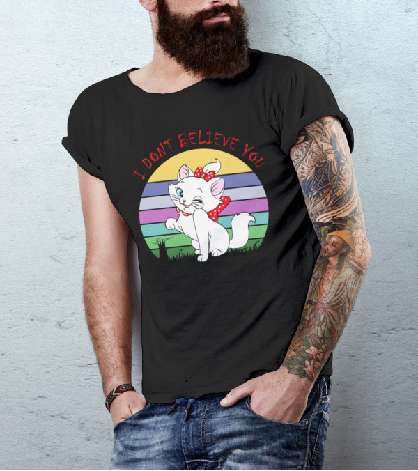 I Dont Believe You Cute White Cat With Red Bow Stripe Background T-Shirt