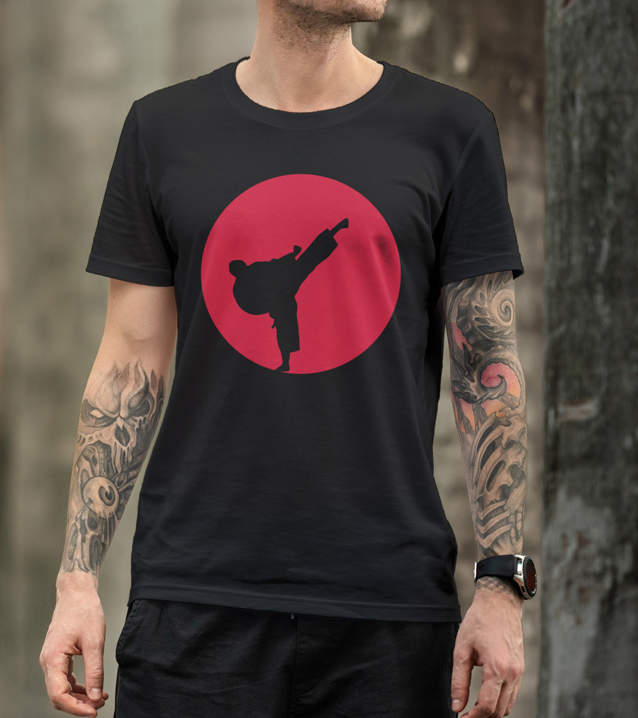 Martial Arts Kick Silhouette On Red Circle Emblem T-Shirt