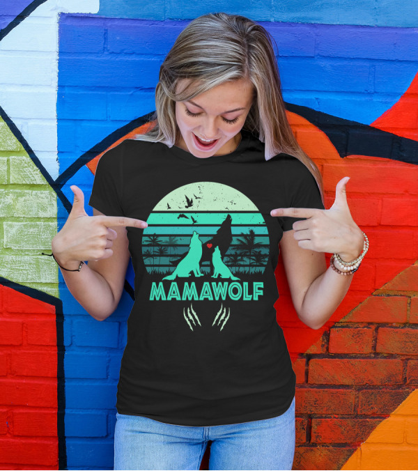 Mamawolf Howling Wolves Tropical Sunset With Heart And Claw Marks T-Shirt