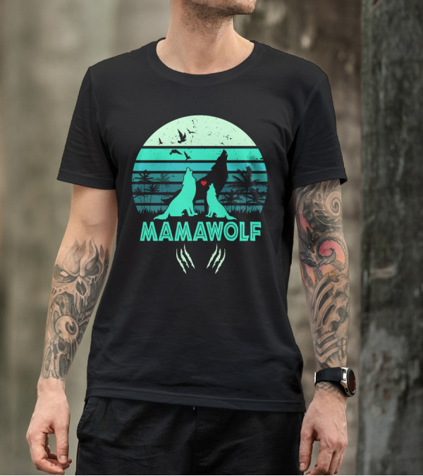 Mamawolf Howling Wolves Tropical Sunset With Heart And Claw Marks T-Shirt