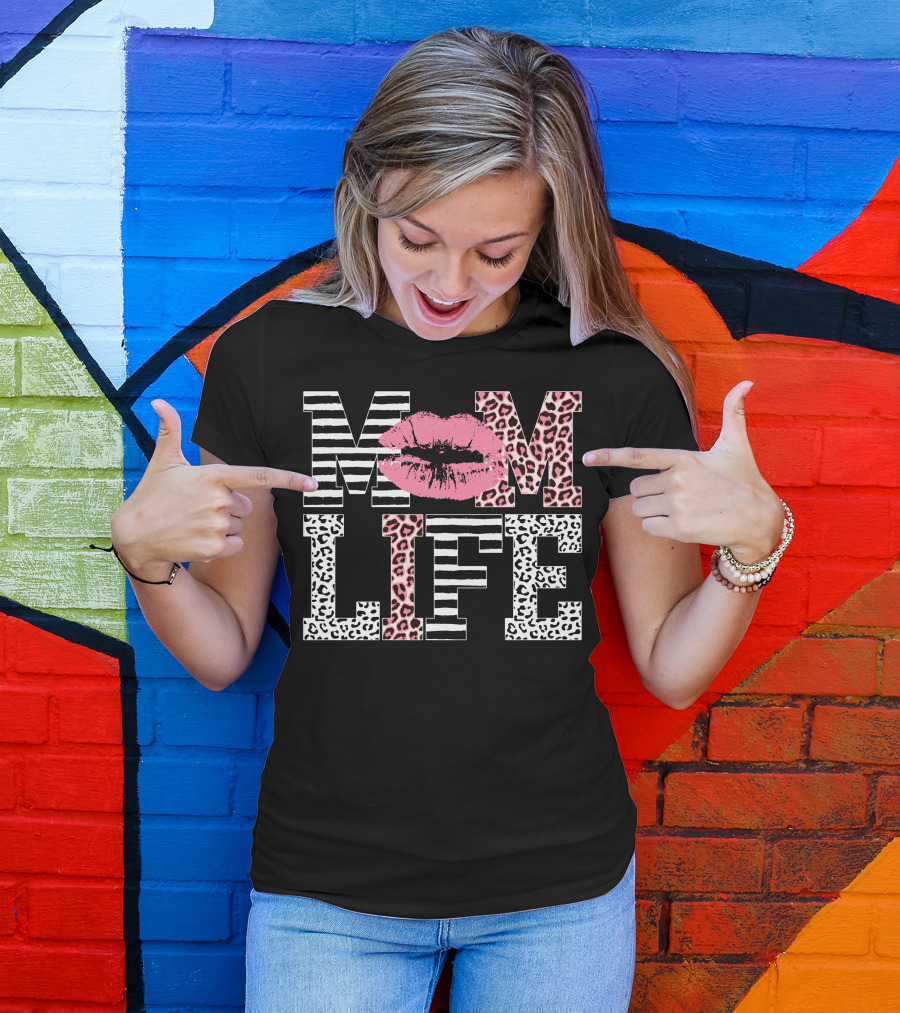 Mom Life Zebra And Leopard Print With Pink Lip T-Shirt