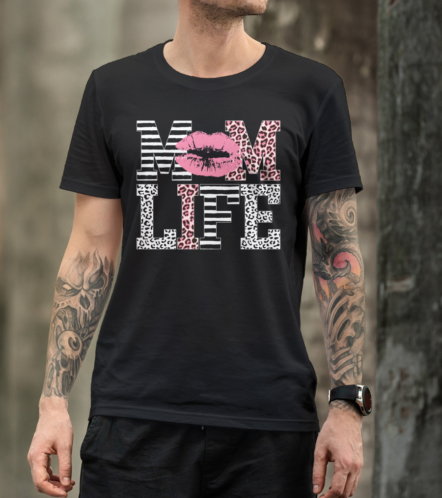 Mom Life Zebra And Leopard Print With Pink Lip T-Shirt