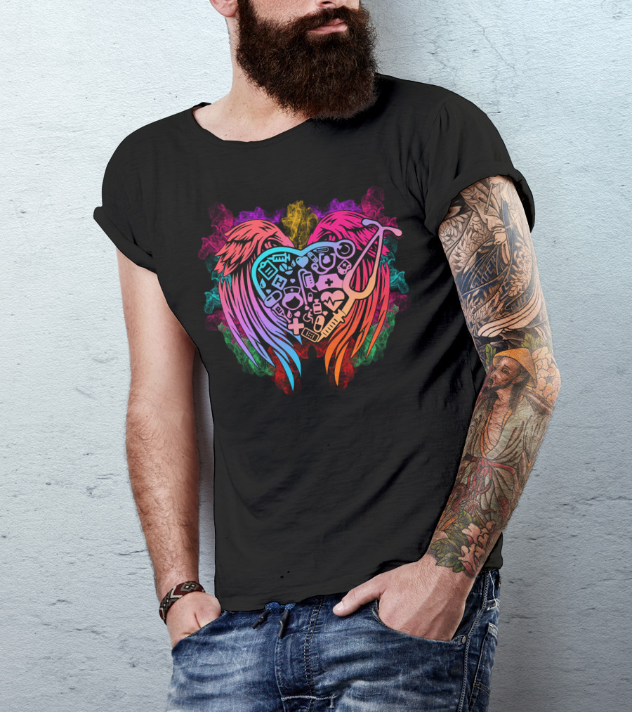 Nurse Angel Wing Heart With Medical Icons And Stethoscope T-Shirt