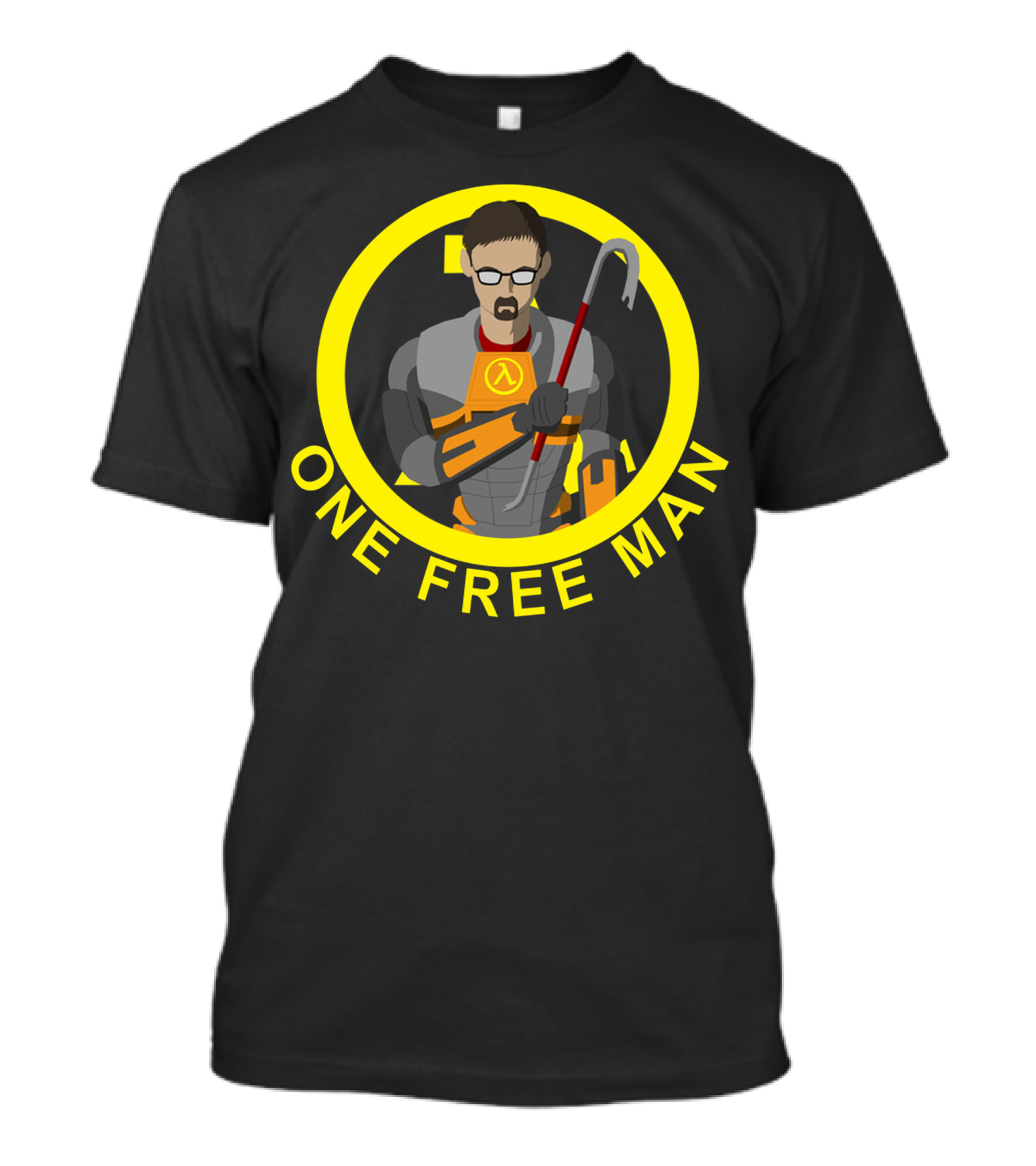 One Free Man Half-Life Gordon Freeman Lambda Circle Yellow Crowbar T-Shirt