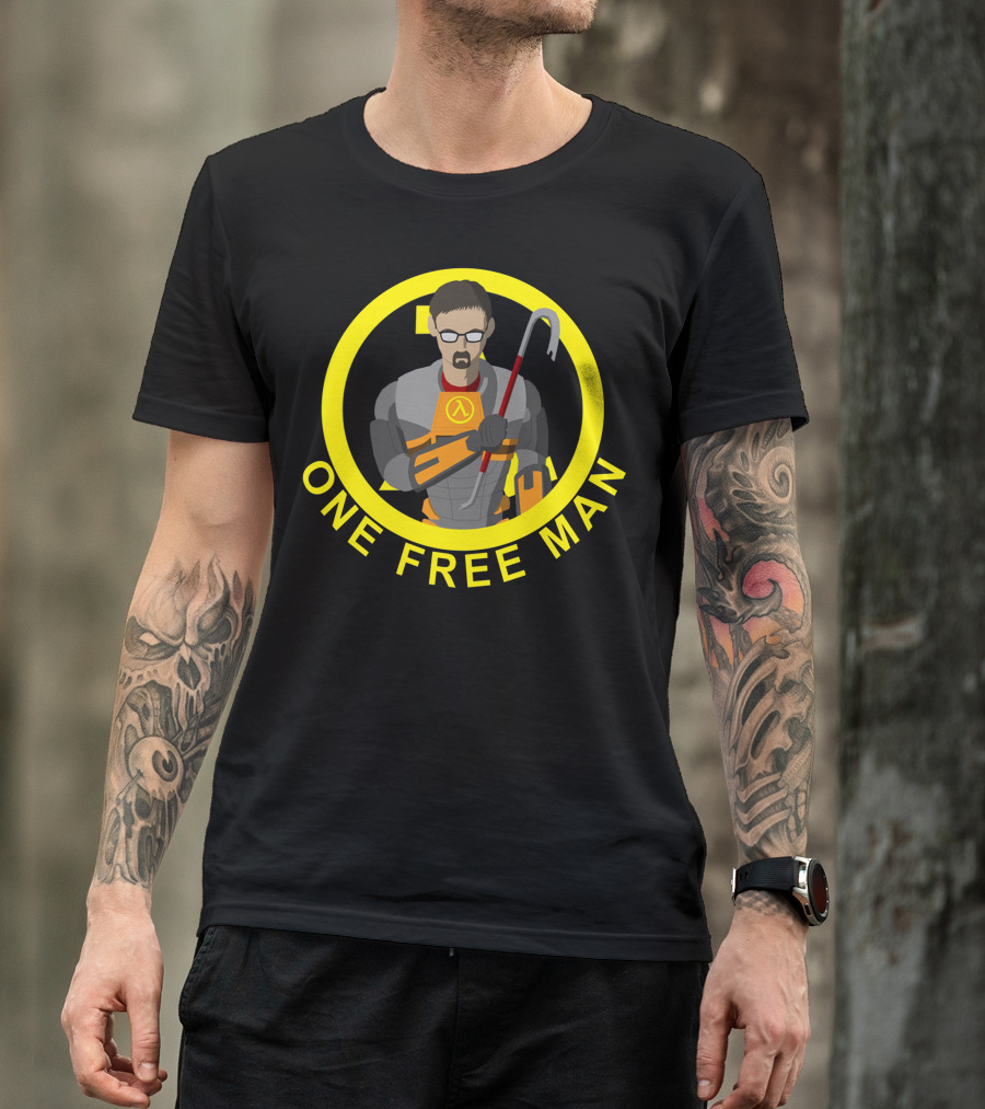 One Free Man Half-Life Gordon Freeman Lambda Circle Yellow Crowbar T-Shirt