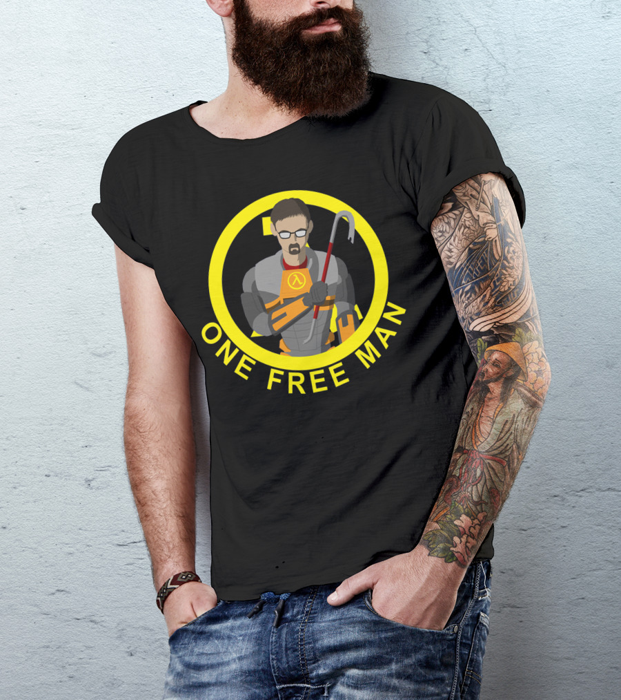 One Free Man Half-Life Gordon Freeman Lambda Circle Yellow Crowbar T-Shirt