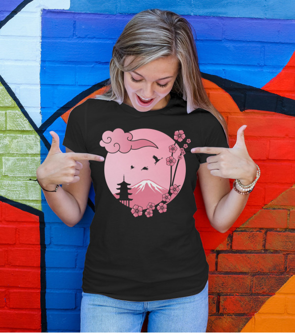 Cherry Blossom Sakura Pagoda With Pink Sun And Mountain T-Shirt