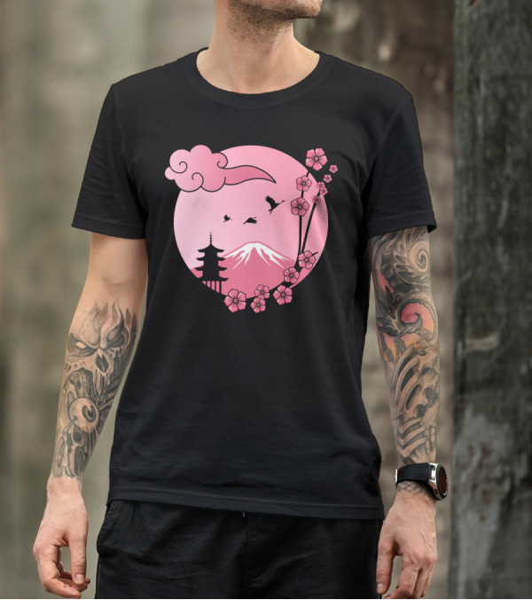 Cherry Blossom Sakura Pagoda With Pink Sun And Mountain T-Shirt