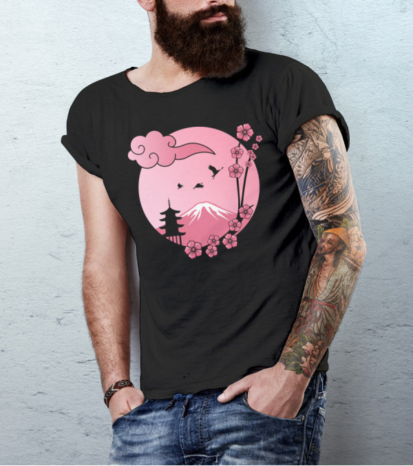 Cherry Blossom Sakura Pagoda With Pink Sun And Mountain T-Shirt
