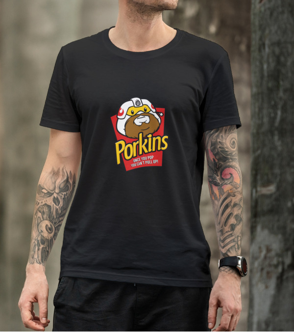 Porkins Once You Pop You Can't Pull Up Helmet Beard Red Box T-Shirt