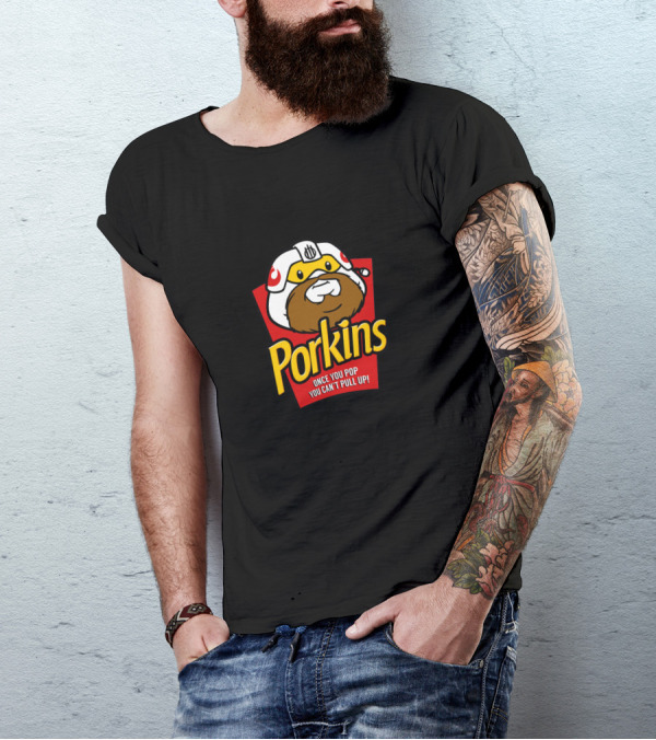 Porkins Once You Pop You Can't Pull Up Helmet Beard Red Box T-Shirt