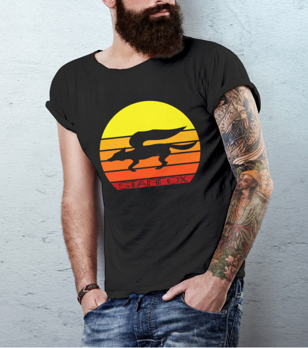 Retro Starfox Silhouette Sunset Stripes T-Shirt