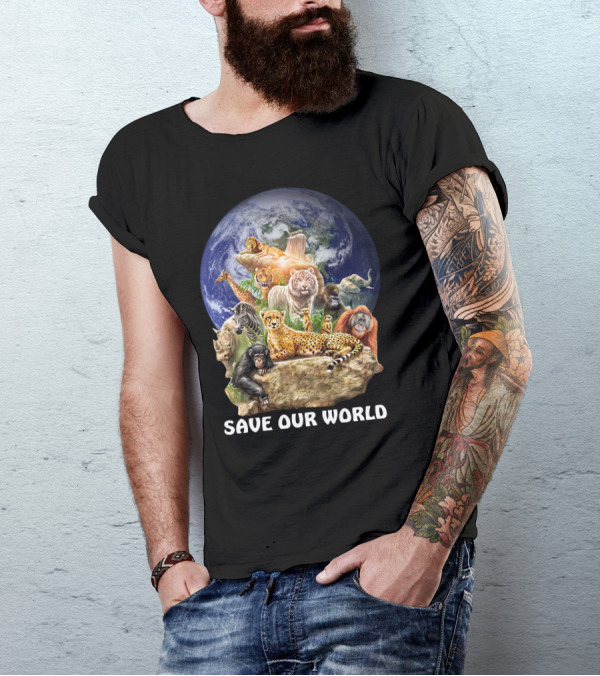 SAVE OUR WORLD Earth Animals Lion Tiger Rhino Cheetah Chimpanzee Orangutan Conservation T-Shirt