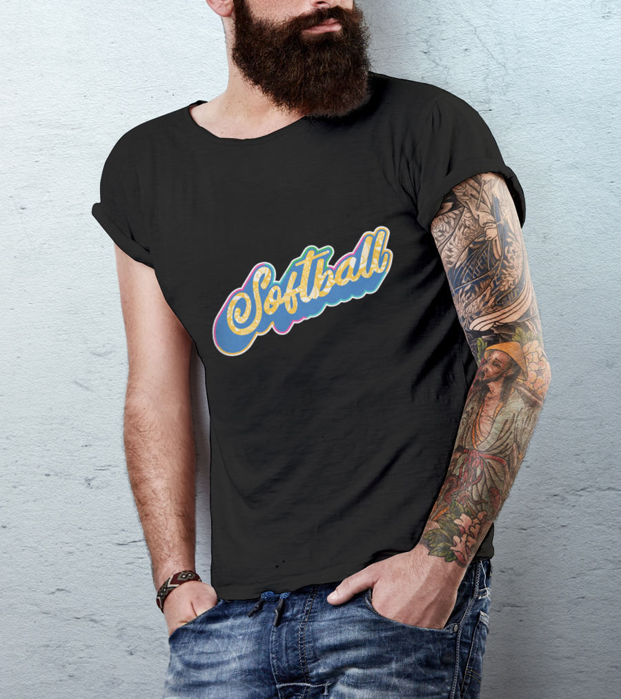Softball Script Vintage Style Multicolor Lettering T-Shirt
