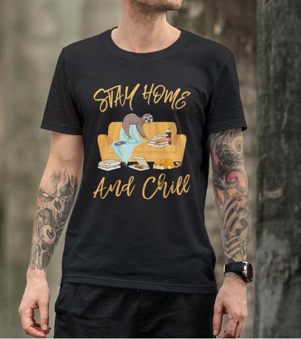 Stay Home And Chill Sloth Pizza Couch Cat T-Shirt