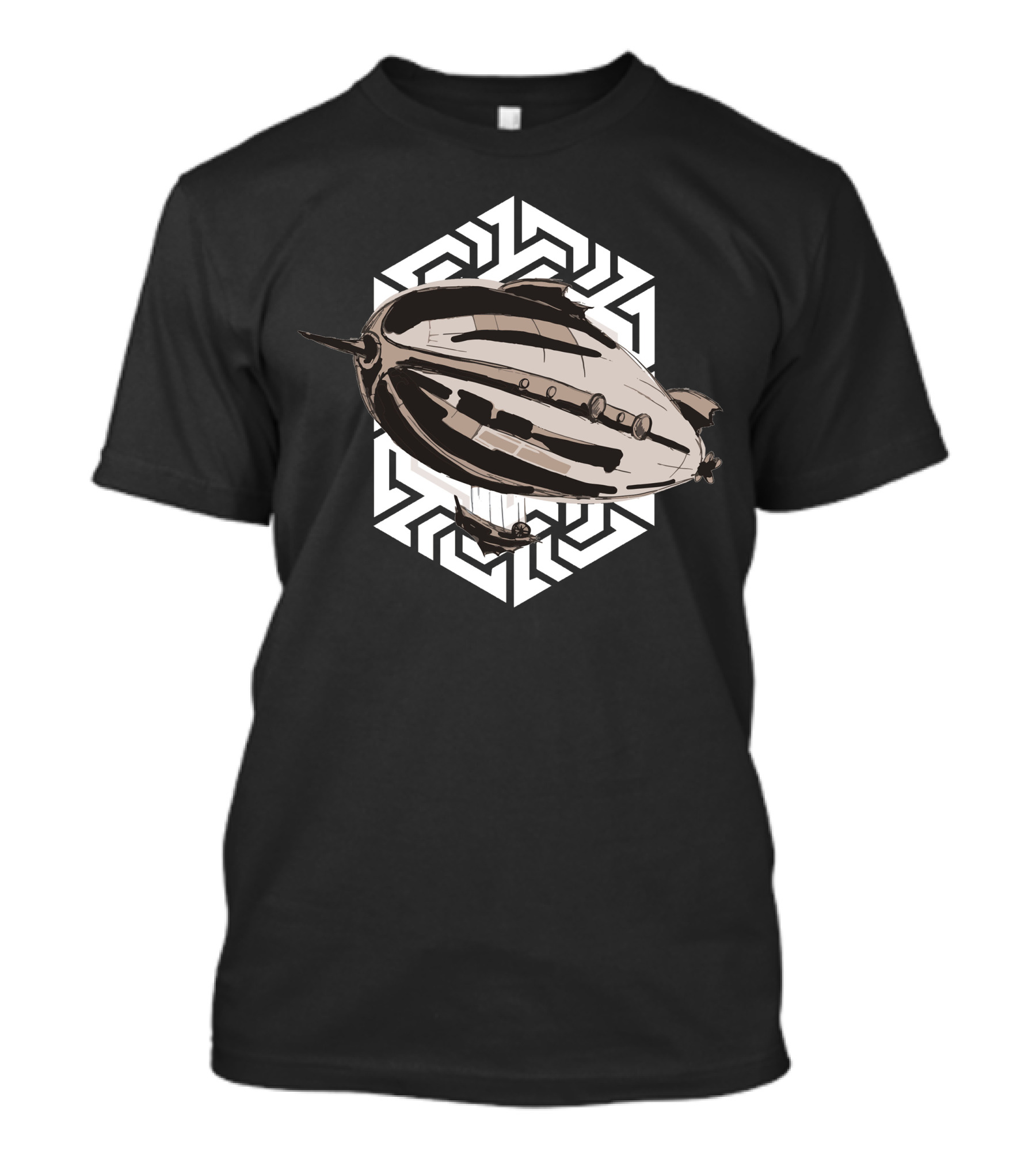 Steampunk Airship With Geometric Hexagon Background T-Shirt