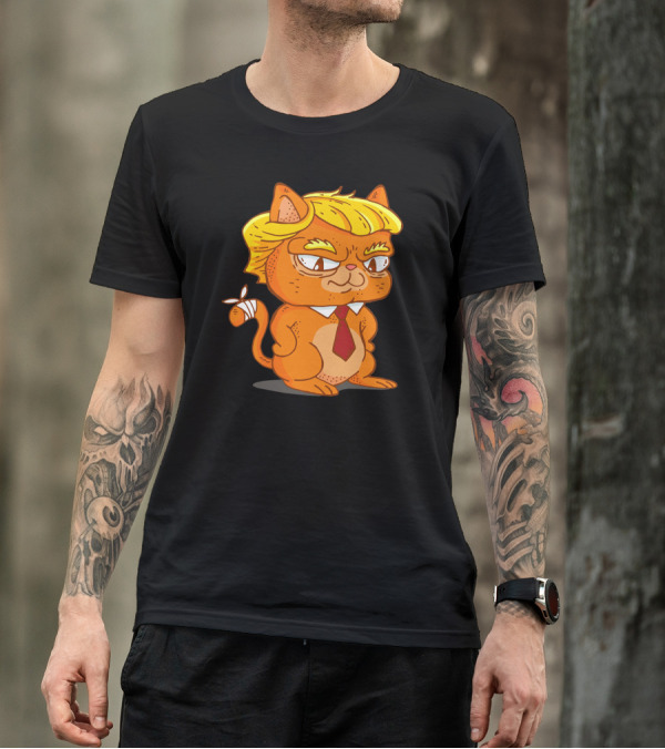 Trump Cat Cartoon Character In Tie And Yellow Hair T-Shirt