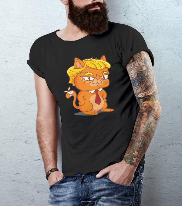 Trump Cat Cartoon Character In Tie And Yellow Hair T-Shirt