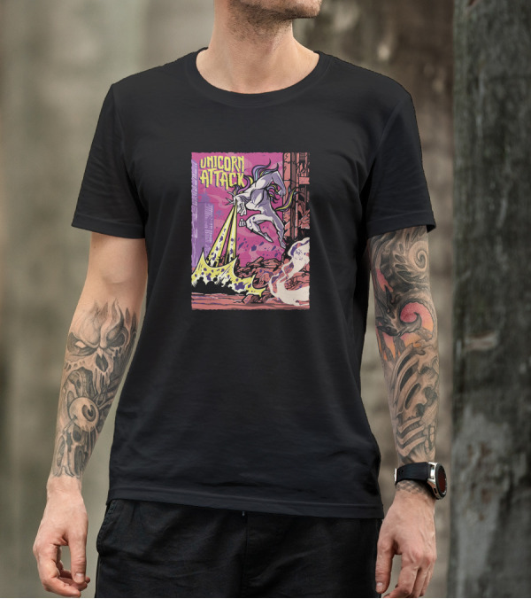 Unicorn Attack Comic Style Superhero Rampage With Laser Beam T-Shirt
