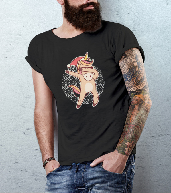 Christmas Unicorn Dabbing In Santa Hat T-Shirt