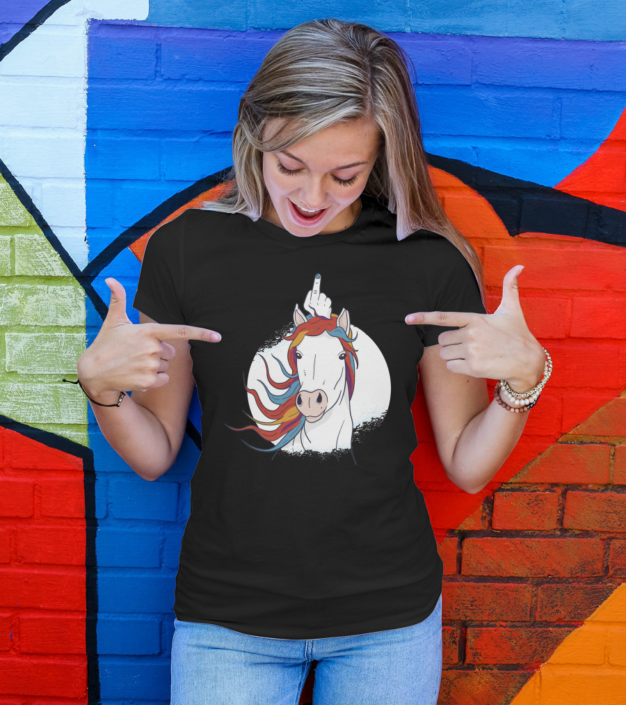 Unicorn Middle Finger Gesture Rainbow Mane T-Shirt